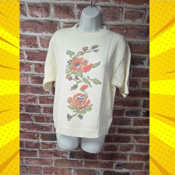 Vintage BLAIR Floral Knit Short Sleeves Sweater Large - Picture 1 of 7